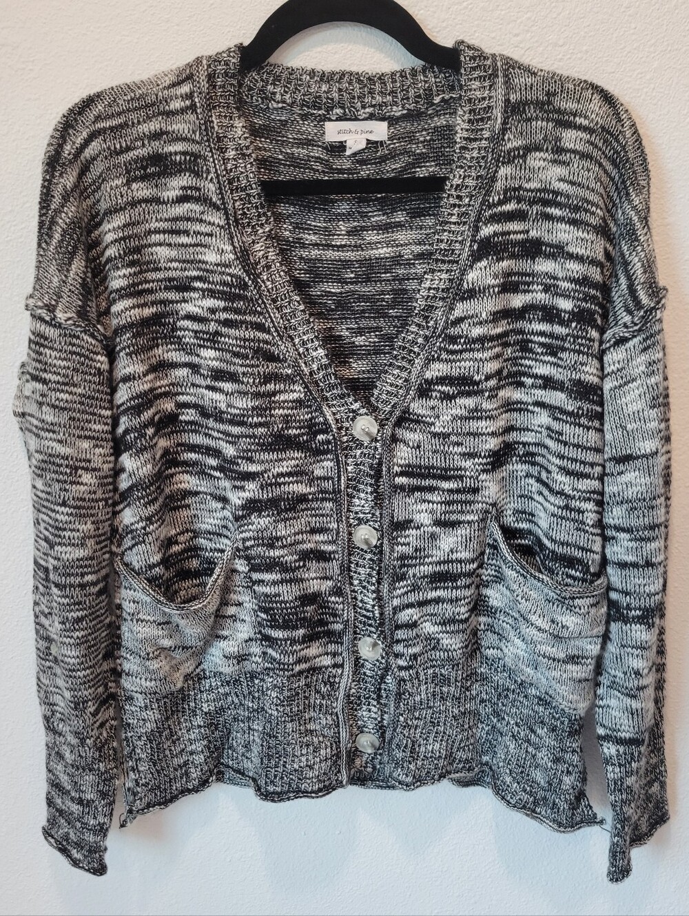 Stitch & Pine Womens S Marled Cardigan Black White Cozy Minimalist Sweater